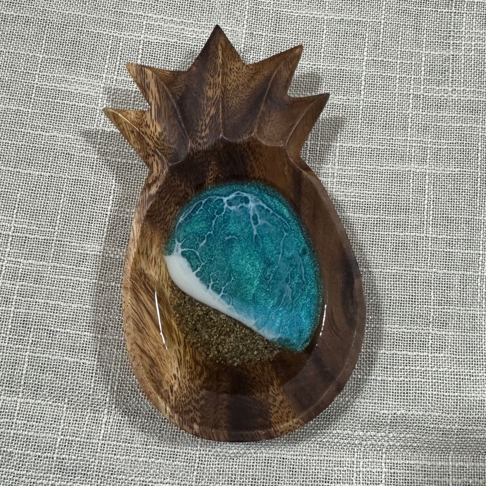 Handcrafted Wooden Pineapple Resin Trinket Dish Ocean Wave Art Beach Decor